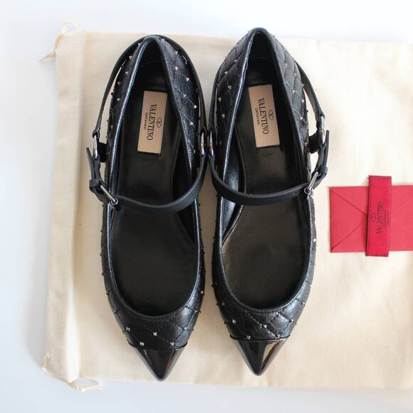 Valentino Black Quilted Leather Rockstud Cap Toe Point Mary Jane Ballet Flats - Picture 6 of 14